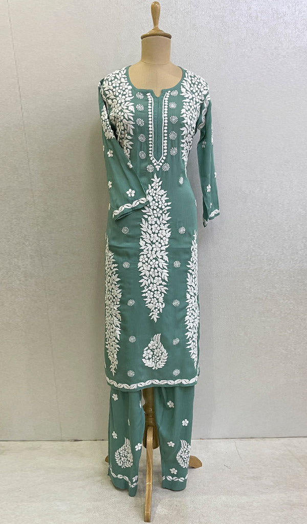Safina Women's Lakhnavi Handcrafted Modal Cotton Chikankari Kurta And Palazzo Set - HONC0170544