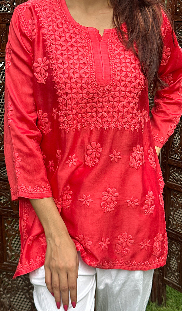 Hania Women's Lakhnavi Handcrafted Chanderi Silk Chikankari Top - HONC0237453