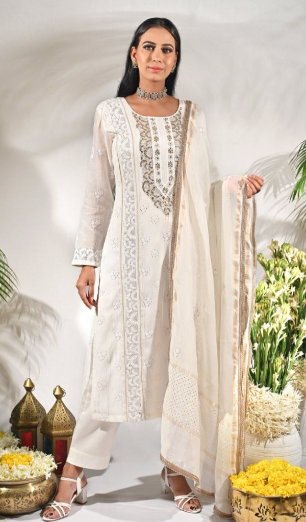 Women's Lakhnavi Handcrafted Mul Chanderi Unstitched Chikankari Full Suit Material - HONC0305480
