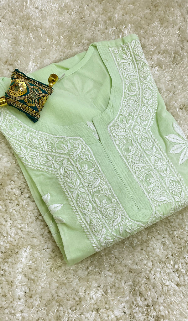 Green  Women's Lucknowi Handcrafted Cotton Chikankari Kurti
