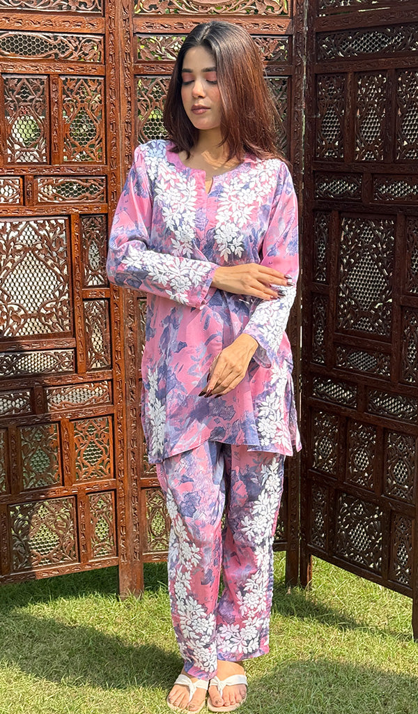 Farzeen Women's Lakhnavi Handcrafted Modal Silk Chikankari Top And Pant Set - HONC0246078