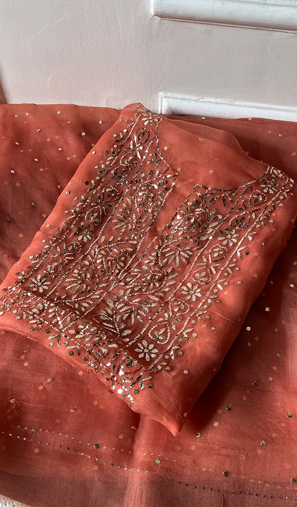 Marifa Women's Lakhnavi Handcrafted Pure Organza Chikankari Unstitched Kurta And Dupatta Set- HONC0304086