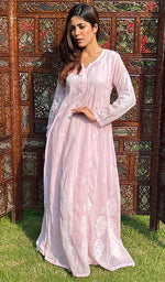 Load image into Gallery viewer, Women's Lucknowi Handcrafted Cotton Chikankari Anarkali Dress - HONC0212148