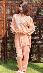 Load image into Gallery viewer, Women's Peach Lakhnavi Handcrafted Chanderi Silk Chikankari Top And Pant Set
