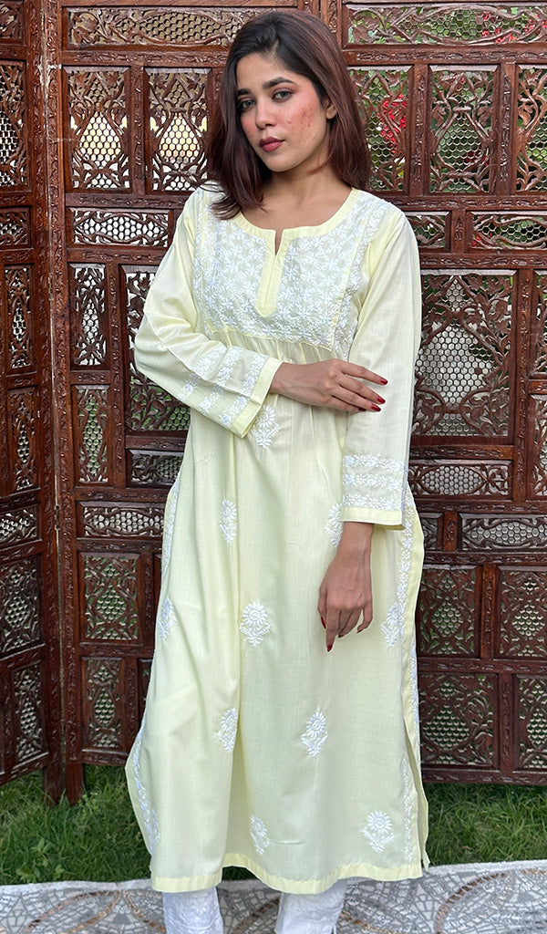 Aarvi Women's Lucknowi Handcrafted Modal Cotton Chikankari Anarkali Dress - HONC0303892