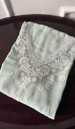 将图像加载到图库查看器中, Women's Lakhnavi Handcrafted Pure Silk Georgette Chikankari Semi-stitched Kurti Fabric - HONC0234666