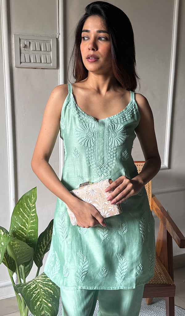 Amreena Women's Lakhnavi Handcrafted Chanderi Silk Chikankari Top And Pant Set - HONC0290578