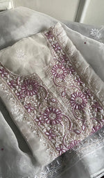 Load image into Gallery viewer, Women's Lakhnavi Handcrafted Organza Chikankari Semi - Stitched Kurta And Dupatta Set- HONC0237689