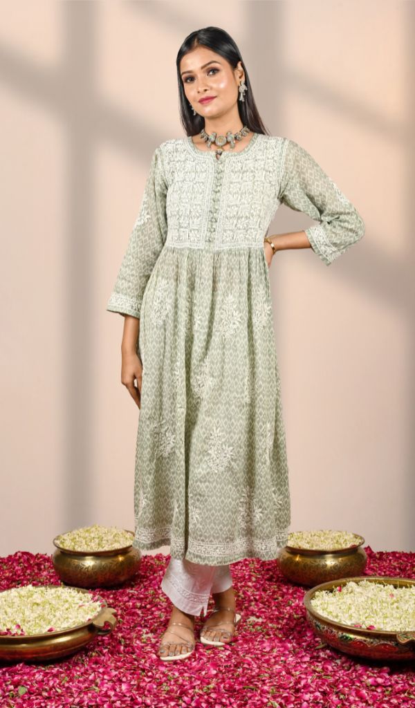 Nisha Women's Lucknowi Handcrafted Printed Ikkat Cotton Chikankari Dre – Nazranachikan