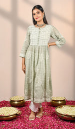 将图像加载到图库查看器中, Nisha Women's Lucknowi Handcrafted Printed Ikkat Cotton Chikankari Dress - HONC0144064