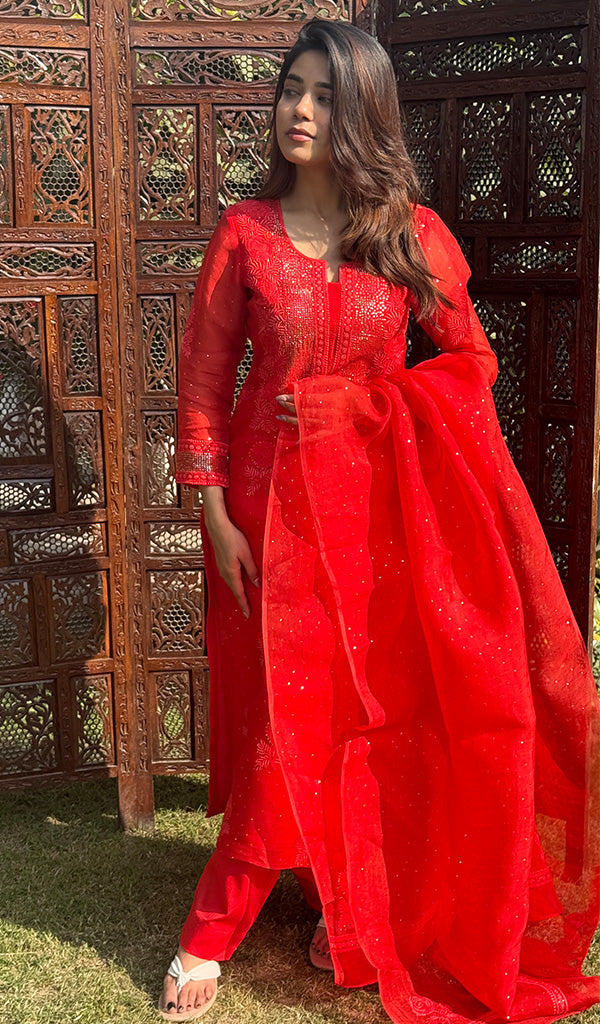 Rose Women's Lucknowi Handcrafted Pure Organza Silk Stitched Chikankari Kurta, Dupatta With Pant Set- HONC0264141