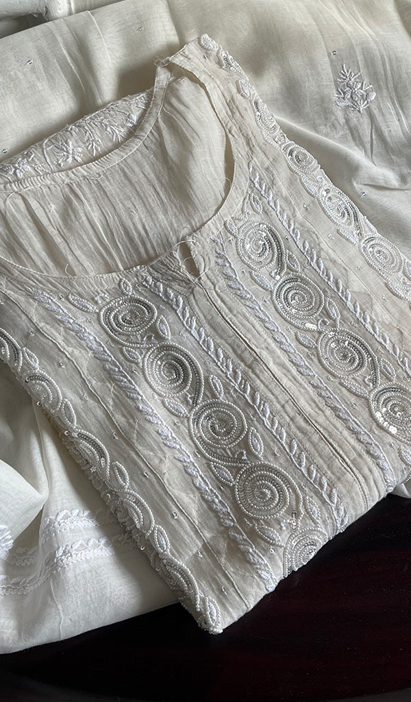 White Blue Women's Lakhnavi Handcrafted Cotton Chikankari Full Suit Material