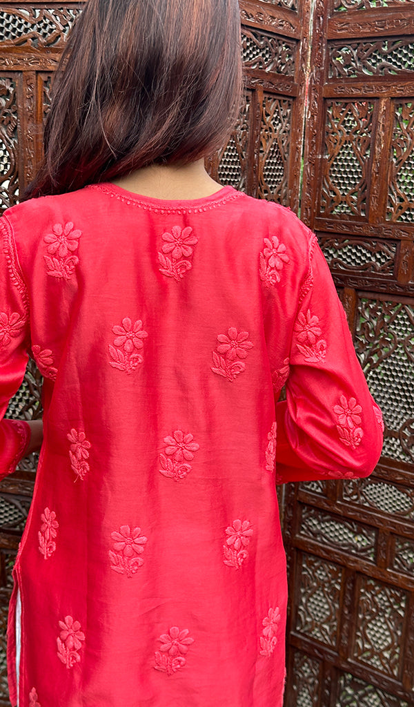 Hania Women's Lakhnavi Handcrafted Chanderi Silk Chikankari Top - HONC0237453