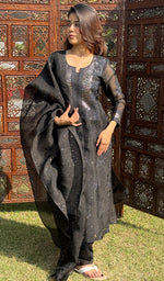 Load image into Gallery viewer, Rose Women's Lucknowi Handcrafted Pure Organza Silk Stitched Chikankari Kurta, Dupatta With Pant Set- HONC0264142
