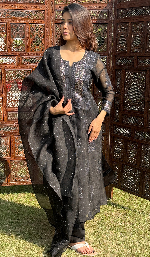 Rose Women's Lucknowi Handcrafted Pure Organza Silk Stitched Chikankari Kurta, Dupatta With Pant Set- HONC0264142