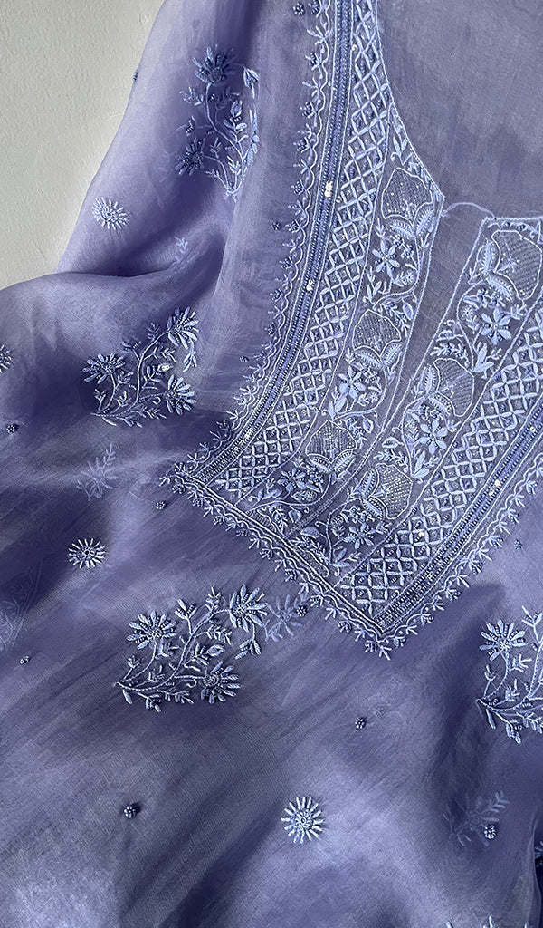 Women's Lakhnavi Handcrafted Pure Organza Chikankari Unstitched Kurta And Dupatta Set- HONC0SOLD
