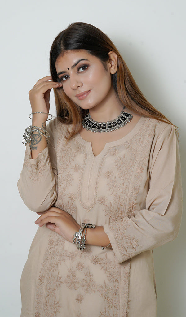 Zoya Women's Lucknowi Handcrafted Muslin Chikankari Kurti - HONC0163087