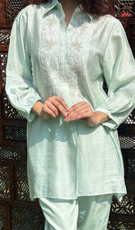 Load image into Gallery viewer, Women's Green Lakhnavi Handcrafted Chanderi Silk Chikankari Top And Pant Set