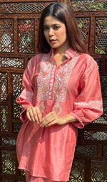 Load image into Gallery viewer, Women's Pink Lakhnavi Handcrafted Chanderi Silk Chikankari Top And Pant Set