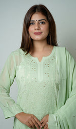 将图像加载到图库查看器中, Women's Lakhnavi Handcrafted Viscose Georgette Chikankari Kurta And Sharara Set With Dupatta - HONC0142362