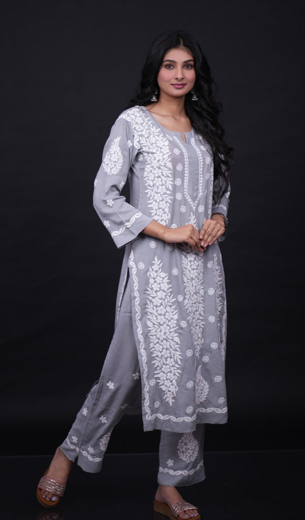 Safina Women's Lakhnavi Handcrafted Modal Cotton Chikankari Kurta And Palazzo Set - HONC0124063