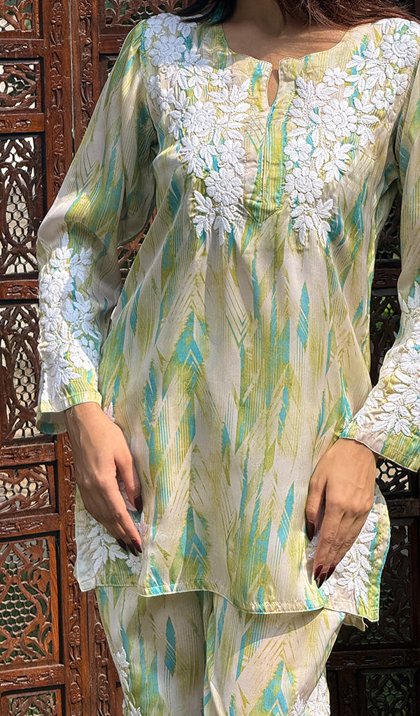 Farzeen Women's Lakhnavi Handcrafted Modal Silk Chikankari Top And Pant Set - HONC0246061