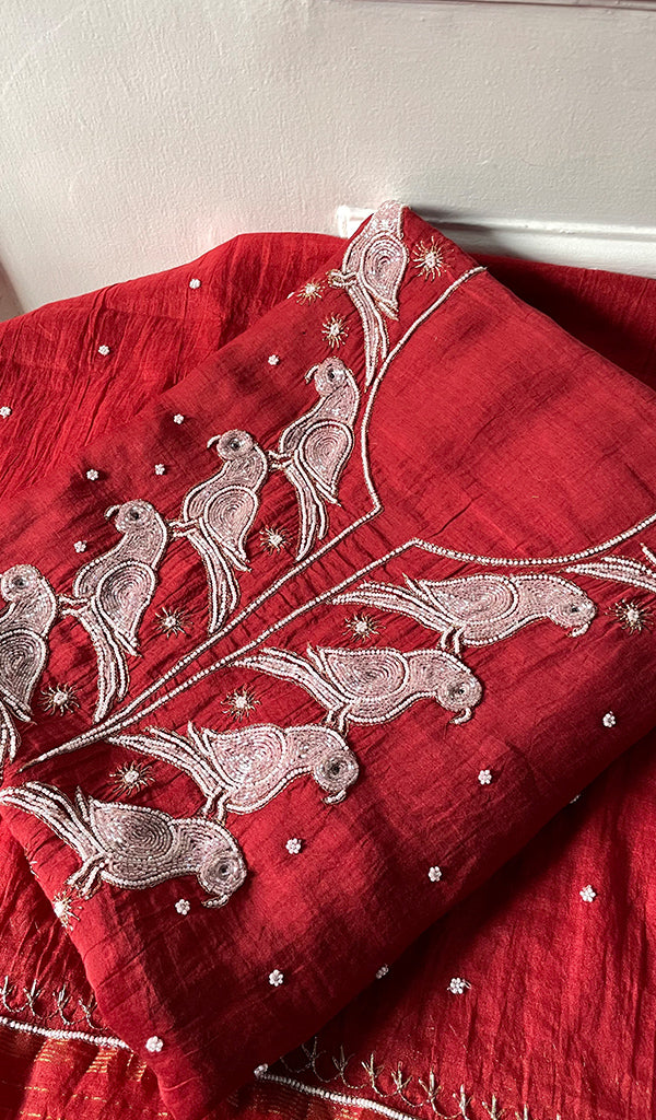 Chidiya Women's Lakhnavi Handcrafted Mul Chanderi Chikankari Stitched Kurta, Dupatta And Pant Set - HONC0320723