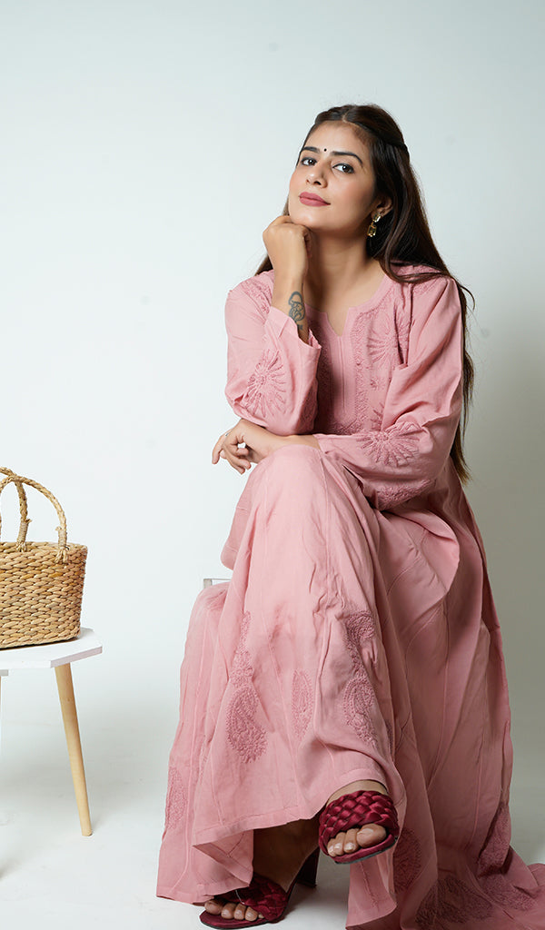 Sabana Women's Lucknowi Handcrafted Muslin Chikankari Anarkali Dress - HONC0142477