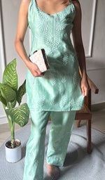 Load image into Gallery viewer, Amreena Women's Lakhnavi Handcrafted Chanderi Silk Chikankari Top And Pant Set - HONC0290578