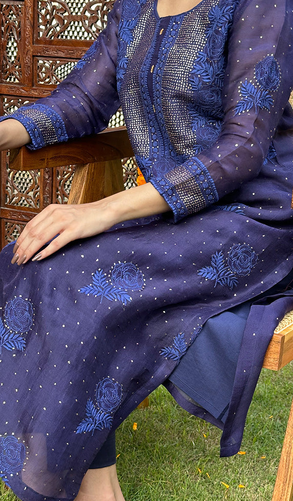 Rose Women's Lucknowi Handcrafted Pure Organza Silk Stitched Chikankari Kurta, Dupatta With Pant Set- HONC072938