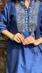 Load image into Gallery viewer, Women's Lakhnavi Handcrafted Chanderi Silk Chikankari Blue Top And Pant Set
