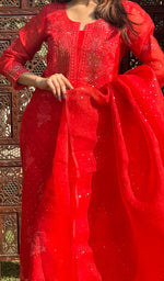 将图像加载到图库查看器中, Rose Women's Lucknowi Handcrafted Pure Organza Silk Stitched Chikankari Kurta, Dupatta With Pant Set- HONC0264141