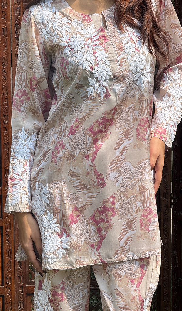 Farzeen Women's Lakhnavi Handcrafted Modal Silk Chikankari Top And Pant Set - HONC0246089