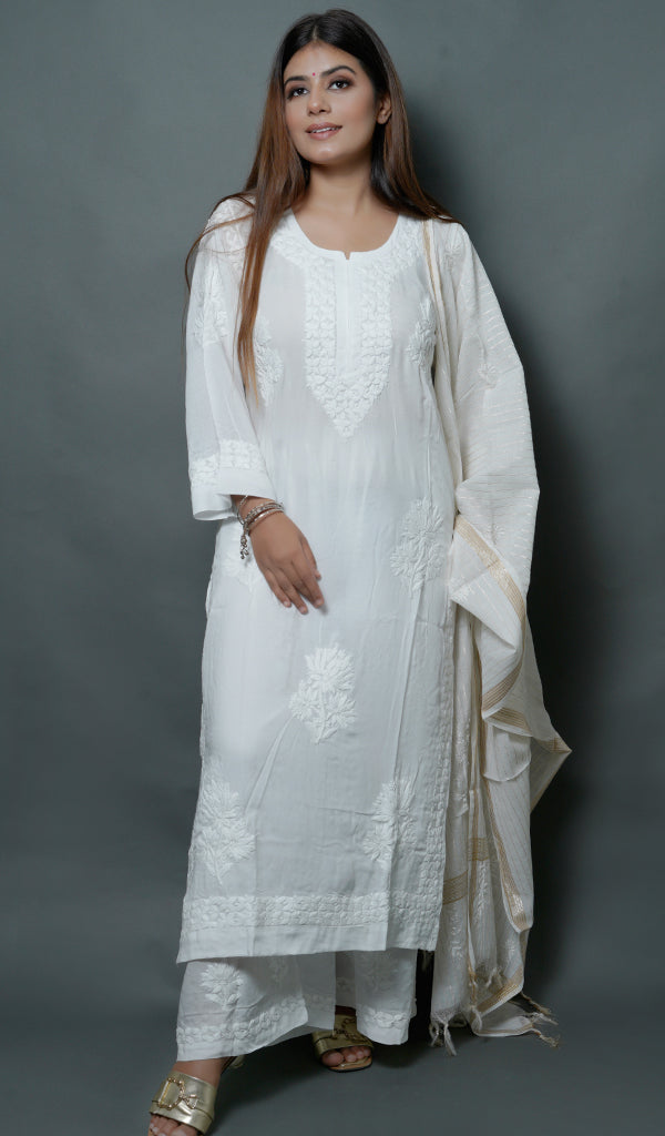 Women's Lakhnavi Handcrafted Modal Cotton Chikankari Kurta And Palazzo Set - HONC087255