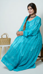 Load image into Gallery viewer, Fiza Women's Lakhnavi Handcrafted Turquoise Faux-Georgette Chikankari Anarkali Dress - NC0854
