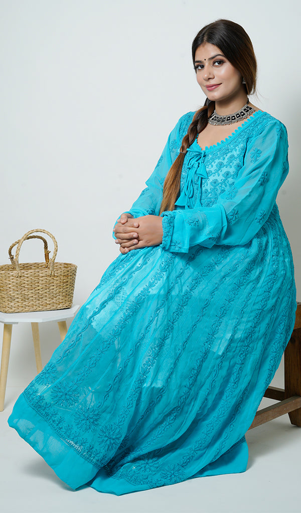 Fiza Women's Lakhnavi Handcrafted Turquoise Faux-Georgette Chikankari Anarkali Dress - NC0854