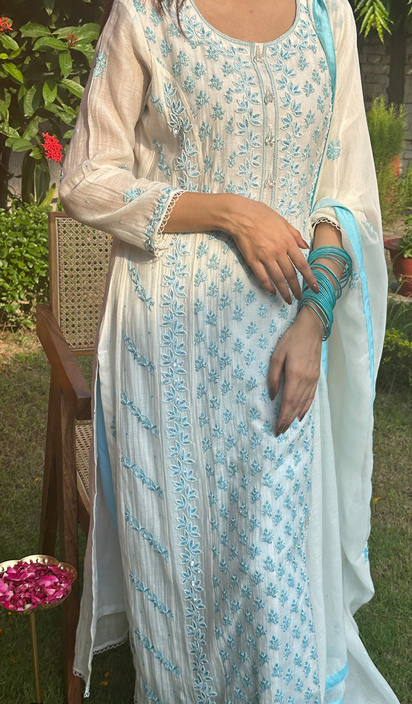 Saziya Women's Lakhnavi Handcrafted Mul Chanderi Chikankari Kurta, Dupatta And Pant Set - HONC0229958