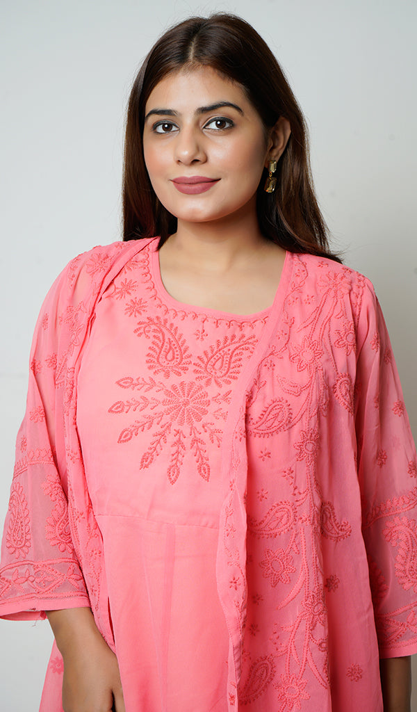 لکھنوی ہاتھ سے تیار شدہ غلط جارجٹ چکنکاری فرنٹ اوپن ڈریس - HONC0137254