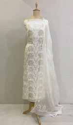 Load image into Gallery viewer, Women's Lakhnavi Handcrafted Pure Organza Chikankari Unstitched Kurta And Dupatta Set- HONC0222853