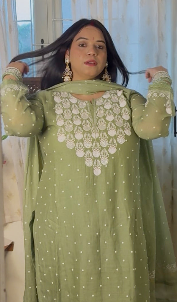 Women's Lakhnavi Handcrafted Mul Chanderi Chikankari Stitched Kurta, Dupatta And Pant Set - HONC0295595