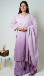 Load image into Gallery viewer, Women's Lakhnavi Handcrafted Cotton Chikankari Kurta, Palazzo and Dupatta Set - HONC0115710