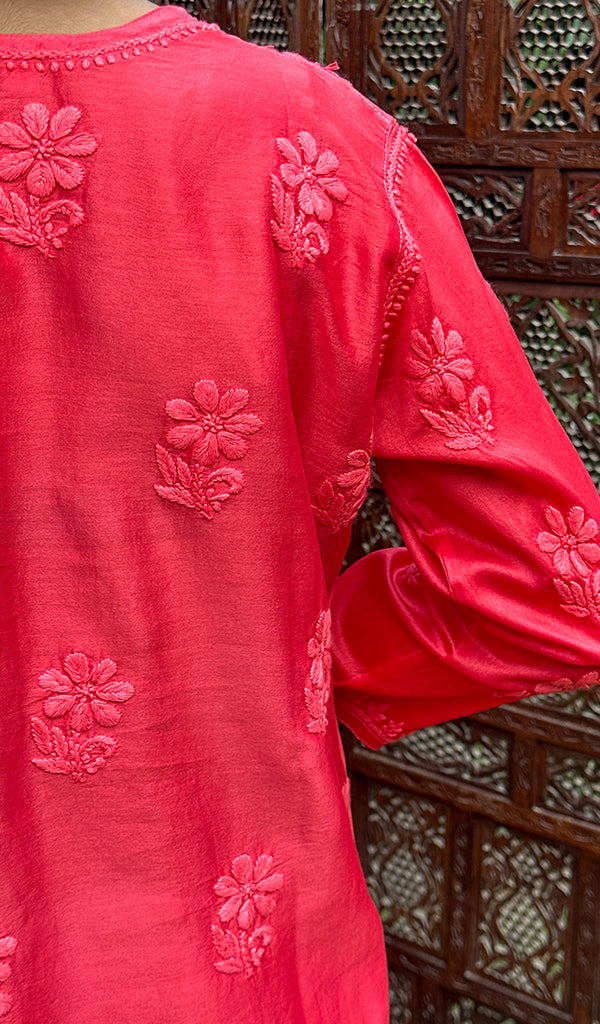 Hania Women's Lakhnavi Handcrafted Chanderi Silk Chikankari Top - HONC0237453