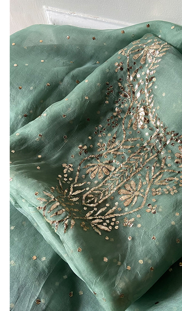 Marifa Women's Lakhnavi Handcrafted Pure Organza Chikankari Unstitched Kurta And Dupatta Set- HONC0299978