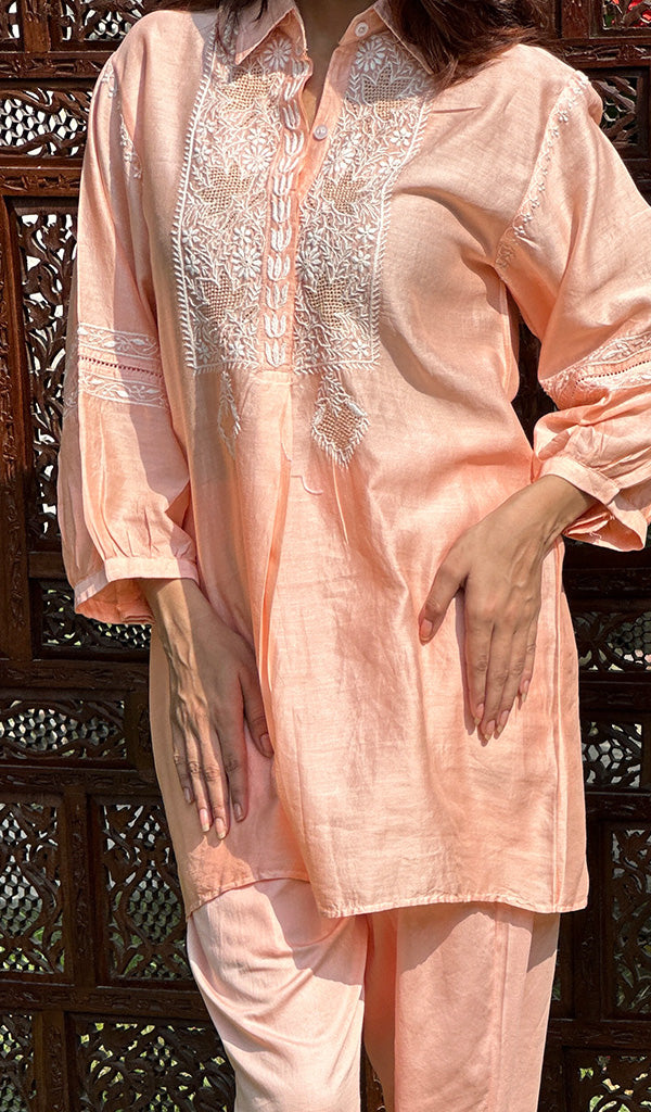 Women's Peach Lakhnavi Handcrafted Chanderi Silk Chikankari Top And Pant Set