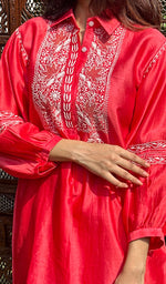 Load image into Gallery viewer, Women's Lakhnavi Handcrafted Chanderi Silk Chikankari Red Top And Pant Set