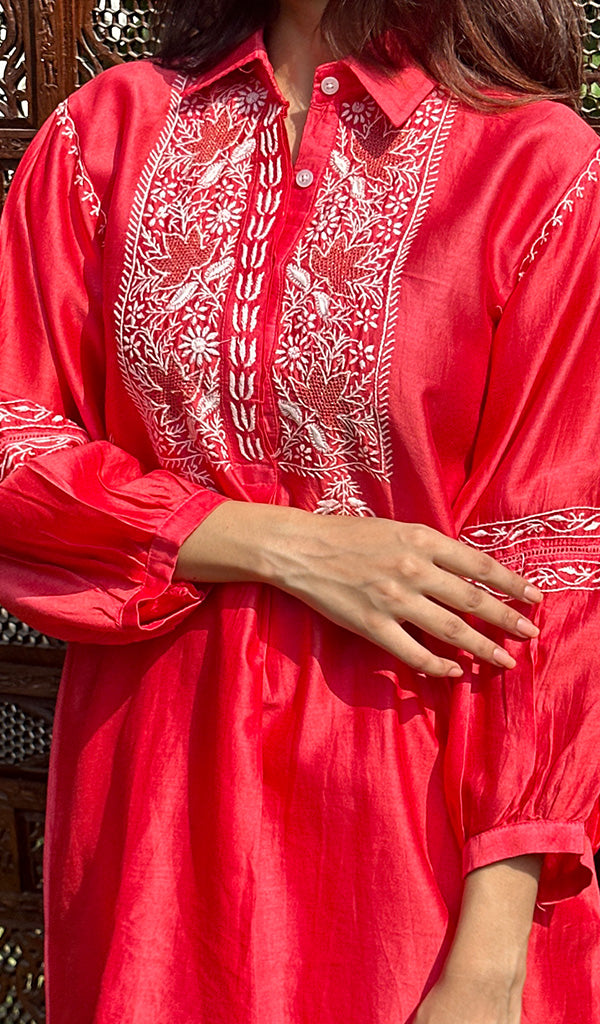 Women's Lakhnavi Handcrafted Chanderi Silk Chikankari Red Top And Pant Set