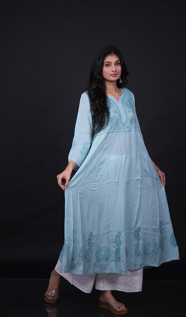 Sabana Women's Lucknowi Handcrafted Mul Cotton Chikankari Anarkali Dress- HONC0164020