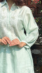 Load image into Gallery viewer, Women's Green Lakhnavi Handcrafted Chanderi Silk Chikankari Top And Pant Set