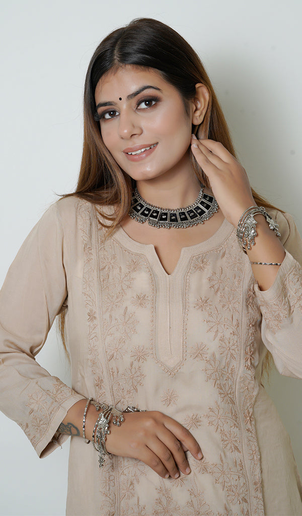 Zoya Women's Lucknowi Handcrafted Muslin Chikankari Kurti - HONC0163087