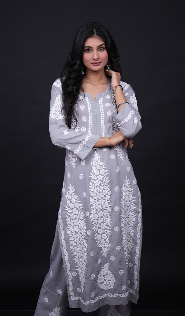 Safina Women's Lakhnavi Handcrafted Modal Cotton Chikankari Kurta And Palazzo Set - HONC0124063